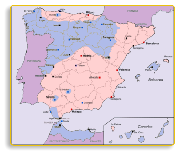 Mapa de la Peninsula Iberica en la primera fase de la Guerra Civi